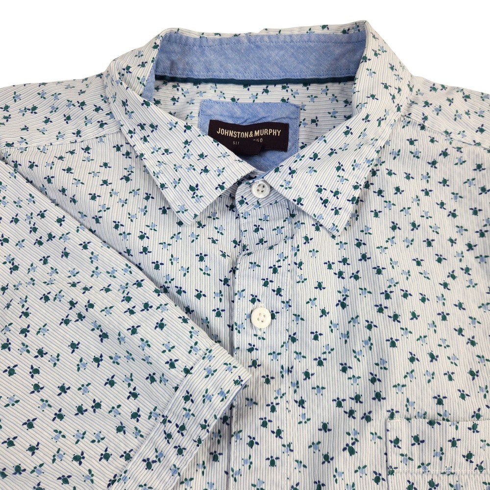 Johnston & Murphy Mens XL Blue White‎ Striped Turtle Print Short Sleeve Shirt